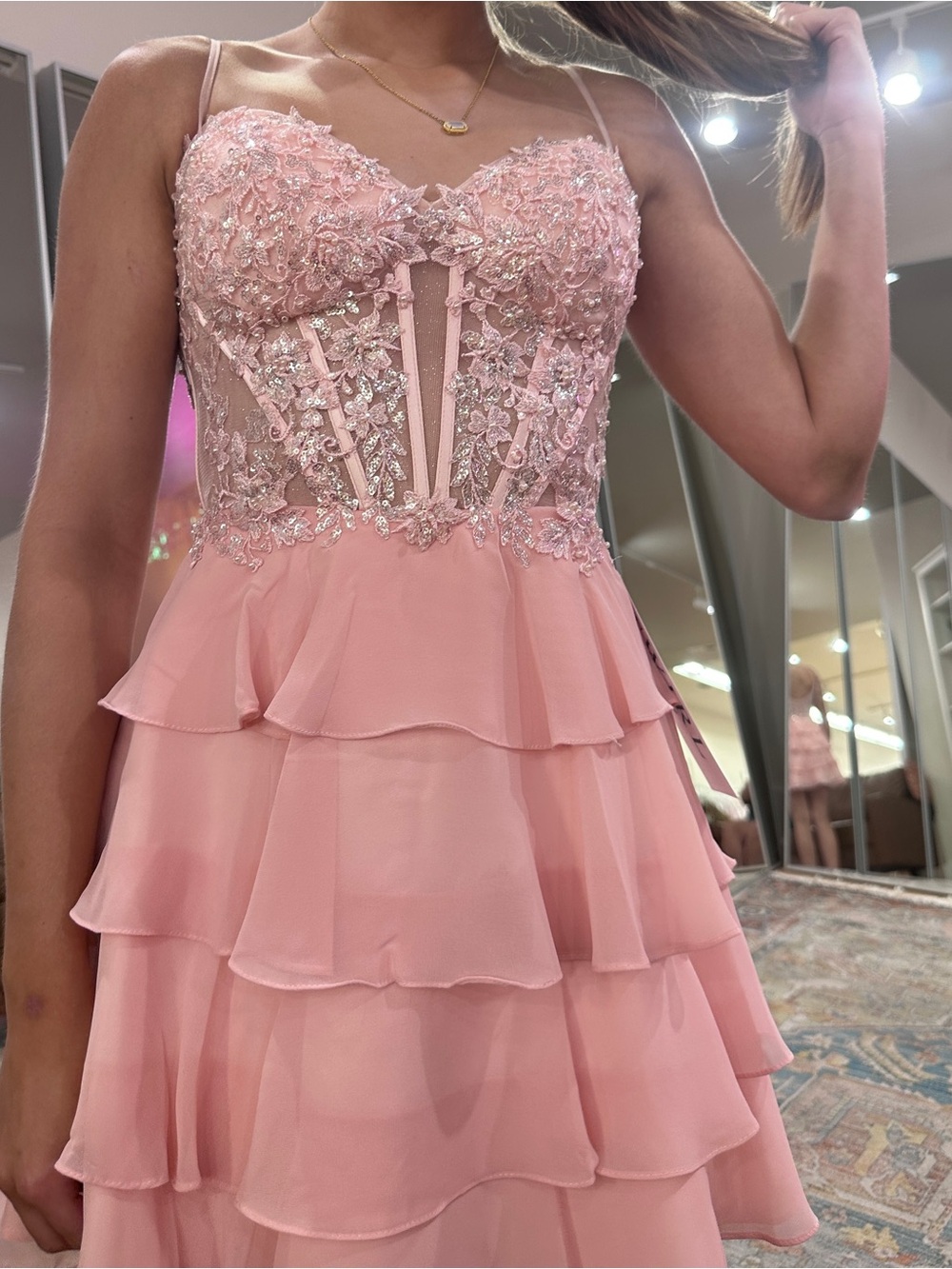 Gorgeous Pink Tiered Lace Bodice Homecoming Dress